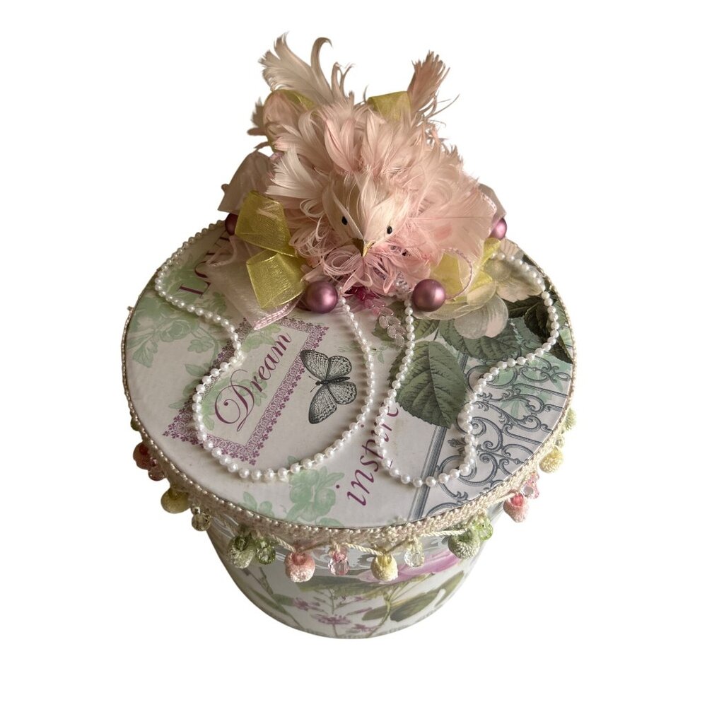 Handcrafted Floral Decorative Storage Box With Pink Feather Bird & Beads